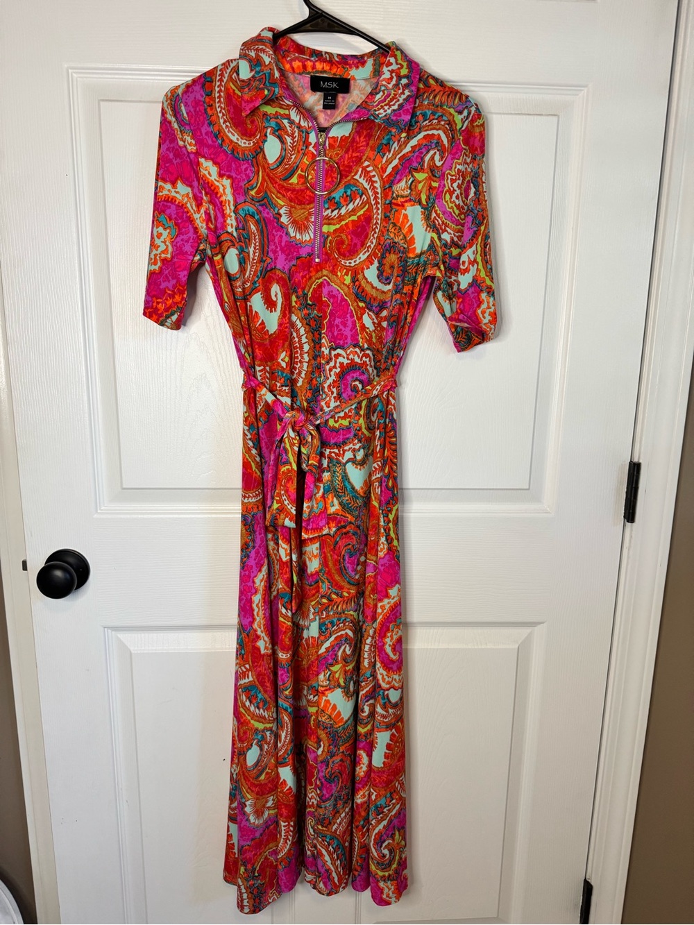 MSK Pink Orange Paisley Collared Tie-Waist Midi Dress